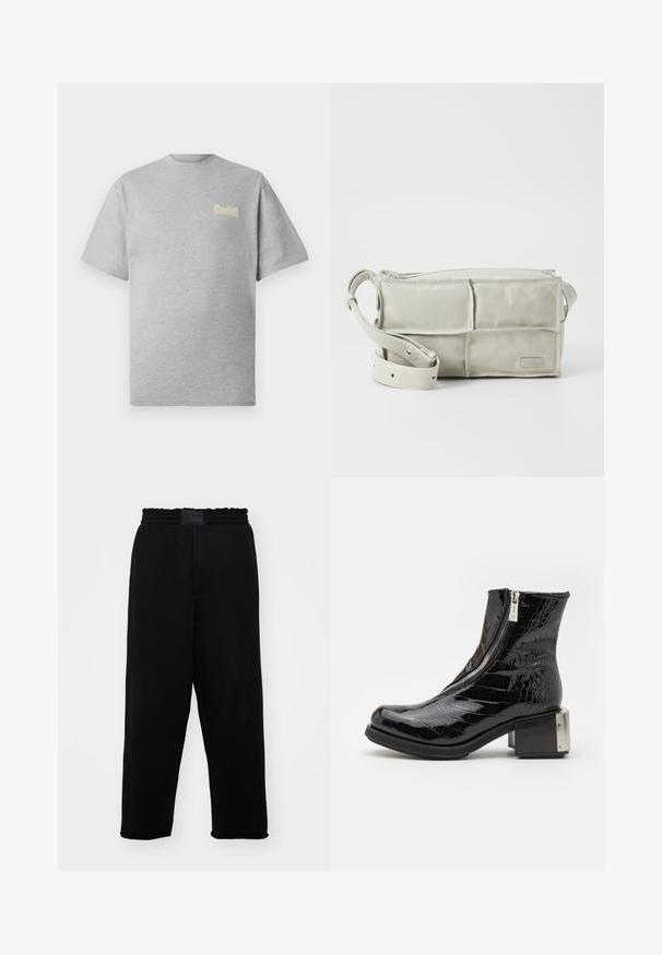 Gray short-sleeve t-shirt made from soft fabric, featuring a rounded neckline and a small cream logo on the chest.; Black sweatpants featuring an elastic waistband, side pockets, and a relaxed fit. Made from soft, smooth fabric with a plain texture.; Black patent leather ankle boot with crocodile texture, curved toe, side zipper, and square metallic heel detail.; MM6 Maison Margiela TOP HANDLE MINI BAG UNISEX - Cross body bag - vaporous grey