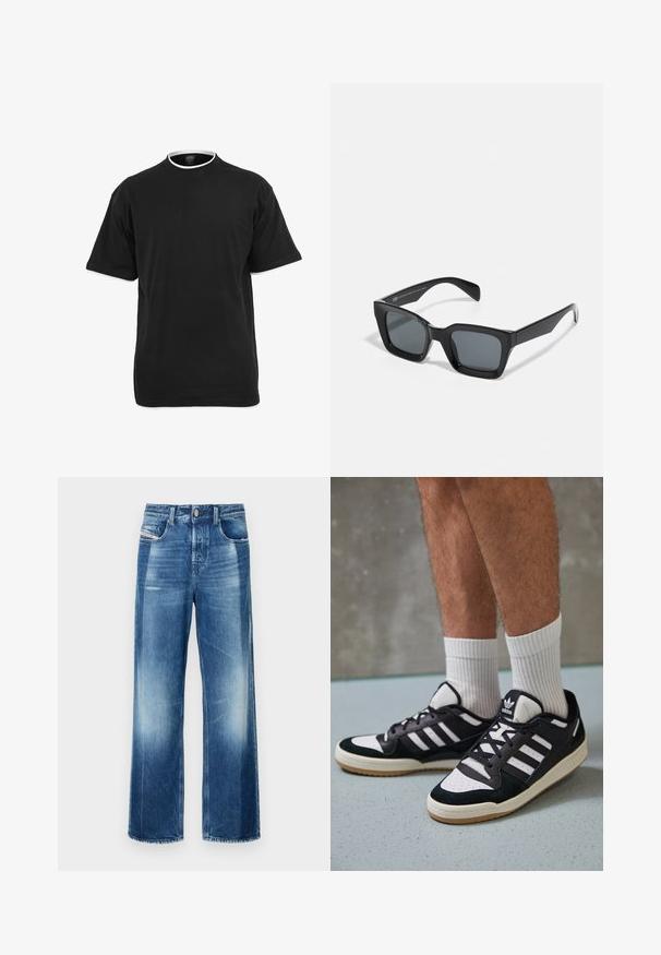 Fekete pamut póló rövid ujjakkal, kerek nyakkivágással, és kontrasztos fehér díszítéssel a gallér és az ujjak szélein.; Középkék, széles szárú farmernadrág, gombos zárással, elülső zsebekkel és enyhe fakulással. Tisztára vágott szegély, egyenes fazon.; Fekete-fehér tornacipők velúr és bőr felsőrésszel, három fehér csíkkal, perforált orral és gumi talppal.; Fekete téglalap alakú napszemüveg sötét lencsék. Műanyag keret fényes felülettel, széles híddal és enyhén kúpos szárakkal.