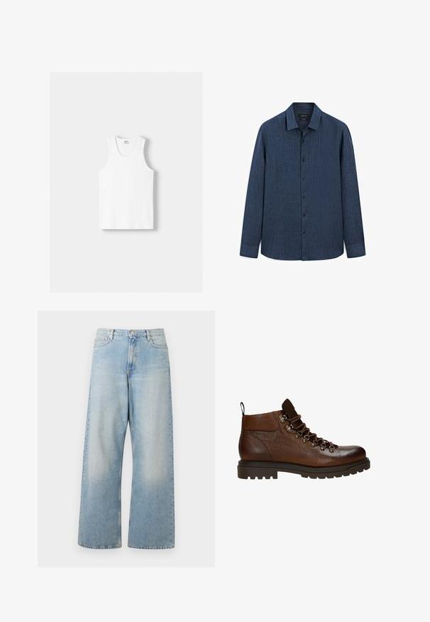 Biały bawełniany top na ramiączkach z okrągłym dekoltem, szerokimi ramiączkami i prostym dołem, charakteryzujący się gładką teksturą i brakiem widocznych wzorów.; Niebieska koszula z guzikami, w paski, z kołnierzykiem, długimi rękawami, czarnymi guzikami i prostym dołem. Wykonana z lekkiego materiału o subtelnej teksturze.; Jasnoniebieskie spodnie dżinsowe z szerokimi nogawkami, wykonane z denimu, z wysokim stanem, kieszeniami z przodu oraz wyblakłym wykończeniem z delikatnym sztruksowaniem na udach.; Brązowe skórzane botki za kostkę o surowym designie, z teksturowaną powierzchnią, metalowymi oczkami, grubą gumową podeszwą, sznurówką oraz uchwytem.