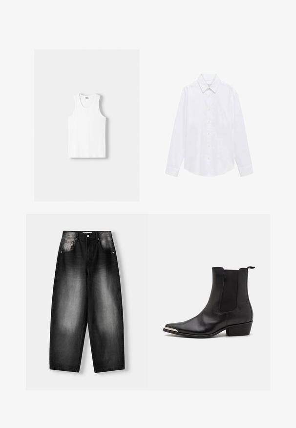 Biely bavlnený tielko s okrúhlym výstrihom, širokými ramennými popruhmi a rovnom spodným lemom, ktoré má hladkú textúru a žiadne viditeľné vzory.; Biela košeľa s dlhým rukávom z bavlnenej tkaniny. Má špicatý golier, zapínanie na gombíky a jednorazové manžety. Minimalistický dizajn bez vzorov.; Čierne denimové rifle so širokým strihom, s vyblednutým gradientom od tmavej po svetlú, piatimi vreckami a gombíkovým zapínaním.; Čierne členkové topánky vyrobené z textúrovanej kože s špicatou špičkou, elastickými bočnými panelmi, zadným úchytom a nízkym blokovým podpätkom.