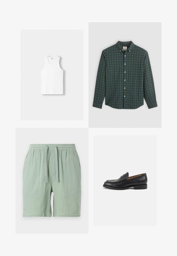 Bela bombažna majica brez rokavov z okroglo izrezom, širokimi naramnicami in ravnim robom, ki se ponaša z gladko teksturo in brez vidnih vzorcev.; Srajca z dolgimi rokavi z gumbom, v zeleni, modri in rumeni karirasti vzorec, z belimi gumbi in ovratnikom z gumbom.; Svetlozeleni bombažni kratki hlače z elastičnim pasom in vrvico. Teksturovan, nekoliko gubast material, z bočnim žepom.; Črne usnjene loafers cipele z gladko površino, zaobljenim nosom in dekorativnim šivom na vampu. Nizek zloženi peti in rahla sijaj.