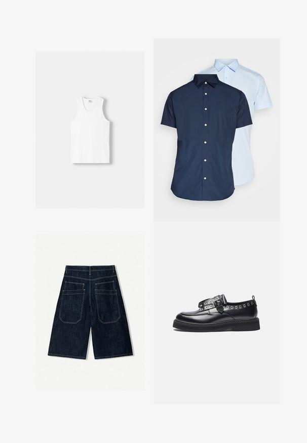 Witte katoenen tanktop met een ronde halslijn, brede schouderbanden en een rechte zoom, met een gladde textuur en zonder zichtbare patronen.; Korte mouwen overhemd met knopen, één in marineblauw en één in lichtblauw, met kraag, een voorste knoopsluiting en een soepele stoftextuur.; Donkerblauwe spijkerbroekshorts met een losse pasvorm, voorzien van twee achterzakken, contrasterende stiksels en een recht ontwerp.; Zwarte leren schoen met een ronde neus, decoratieve oogjesdetails en een band met een gesp, met een dikke zwarte zool.