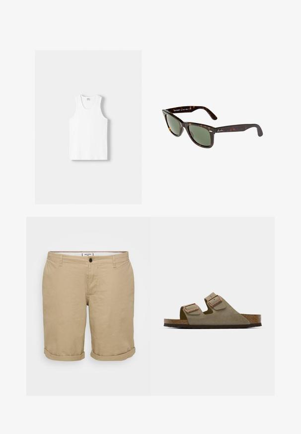 Débardeur en coton blanc avec un col rond, de larges bretelles et un ourlet droit, présentant une texture lisse et sans motifs visibles.; Chemise à manches longues bleu clair en tissu texturé ; dotée d'un col classique et d'une patte de boutonnage, avec une coupe légèrement décontractée.; Shorts beige clair à coupe droite, en coton. Présentent un bouton frontal unique, des poches latérales et des ourlets retroussés.; Sandale en suède taupe clair avec deux sangles ajustables et quincaillerie en or rose. Semelle en liège sur une semelle brune texturée. Design à bout ouvert.; Lunettes de soleil Wayfarer avec monture en plastique écaille noire, verres verts et logo Ray-Ban argenté sur la branche.