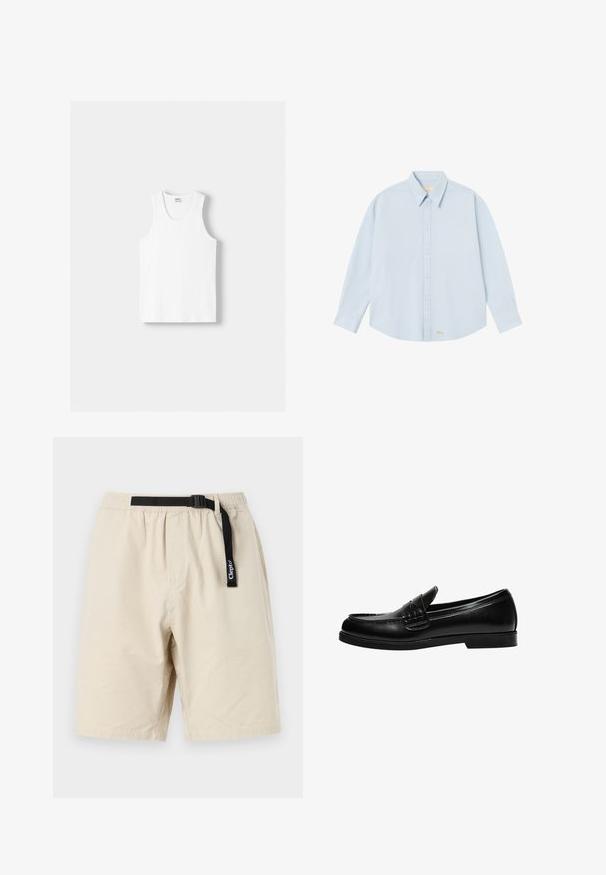 White cotton tank top with a round neckline, wide shoulder straps, and a straight hem, featuring a smooth texture and no visible patterns.; Light blue long-sleeve button-up shirt in a smooth fabric. Features a classic collar and a small logo embroidered in gold near the hem.; Beige shorts with an elastic waistband and black adjustable belt. Made of lightweight fabric, featuring a simple design and straight cut.; Black leather loafer with a smooth finish, featuring a stitch detail on the vamp and a low, solid black rubber sole.