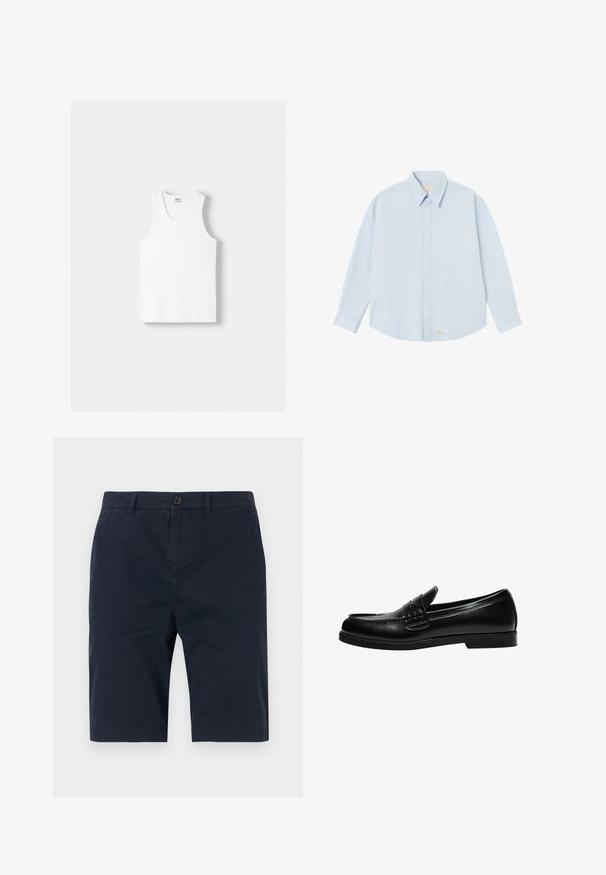 Valkoinen puuvillainen hihaton paita, jossa on pyöreä kaula-aukko, leveät olkaimet ja suora helma. Paidan tekstuuri on sileä, eikä siinä ole näkyviä kuvioita.; Vaaleansinisessä pitkähihaisessa nappipaidassa on sileä kangas. Siitä löytyy klassinen kaulus ja pieni kultalankakirjailu helmassa.; Siniset shortsit kevyestä materiaalista, joissa on edessä napitus, vyölenkit ja sivutaskut. Suora pinta ja siistit linjat.; Musta nahka loaferi, jossa on sileä pinta, ja joka sisältää ommeltuja yksityiskohtia vampissa sekä matalan, kiinteän mustan kumipohjan.