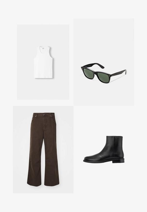 Bílý bavlněný top na ramínka s kulatým výstřihem, širokými ramínky a rovním lemem, s hladkou texturou a bez viditelných vzorů.; Hnědé široké kalhoty z bavlny, s vysokým pasem, předními kapsami a hladkou texturou. Dokončení zahrnuje jemné detaily šití.; Černá kožená kotníková bota s hladkým povrchem, kulatou špičkou, nízkým podpatkem, elastickými bočními vklady a embosovaným logem na zadní straně.; Černé plastové sluneční brýle se zelenými skly, čtvercové obroučky, stříbrný detail na obočí a texturované stranice. Značka uvedená na vnitřní straně stranic.