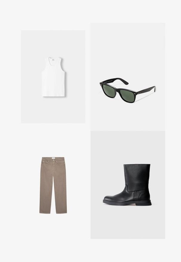 Fehér pamut ujjatlan felső kerek nyakkivágással, széles vállpántokkal és egyenes szegéllyel, sima textúrával, látható minták nélkül.; Barna egyenes szárú farmer, amely öt zsebes kialakítással, fém kiegészítőkkel és sima textúrával rendelkezik. Az anyag finom, egyenletes mintázatú.; Fekete bőr bokacsizma textúrázott felülettel, kerek orral és alacsony gumitalppal. Egyszerű dizájn, látható fémpart vagy díszítés nélkül.; Fekete műanyag napszemüveg zöld lencsékkel, négyzet alakú kerettel, ezüst díszítéssel a keret felső részén, valamint texturált szárakkal. A márka neve a belső száron található.