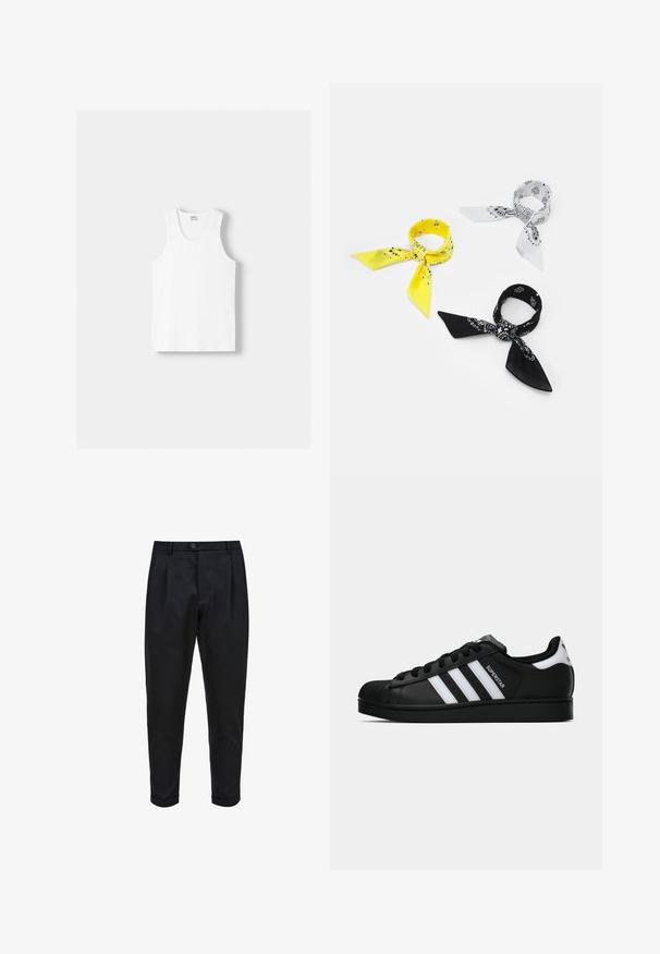Fehér pamut ujjatlan felső kerek nyakkivágással, széles vállpántokkal és egyenes szegéllyel, sima textúrával, látható minták nélkül.; Fekete nadrág sima anyagból, pleátolt elülső résszel, szűkített szabással és felhajtott szárakkal. Egyszerű gombos záródás a deréknál.; Fekete Adidas Superstar sportcipő fehér csíkokkal, kagyló orral és "Superstar" felirattal az oldalán, oldalról bemutatva, fehér háttér előtt.; Három bandana: egy sárga fekete mintákkal, egy fehér fekete grafikával, és egy fekete fehér grafikával. Mind három négyzet alakú, könnyű anyagból készült.