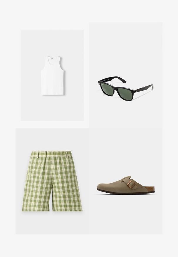 Bílý bavlněný top na ramínka s kulatým výstřihem, širokými ramínky a rovním lemem, s hladkou texturou a bez viditelných vzorů.; Zelené kostkované šortky s lehkým materiálem, elastickým pasem a bočními kapsami. Kostkovaný vzor se střídá mezi světlou a tmavou zelenou.; Hnědé dřeváky s hladkým matným povrchem. Na boku mají výraznou bronzovou sponu. Korek a gumová podrážka pro pohodlí.; Černé plastové sluneční brýle se zelenými skly, čtvercové obroučky, stříbrný detail na obočí a texturované stranice. Značka uvedená na vnitřní straně stranic.; Černá taška přes rameno s dvěma dlouhými uchy, vyrobená z hladké látky. Má přední kapsu a minimalistický design. Žádné viditelné kovové prvky ani vzory.
