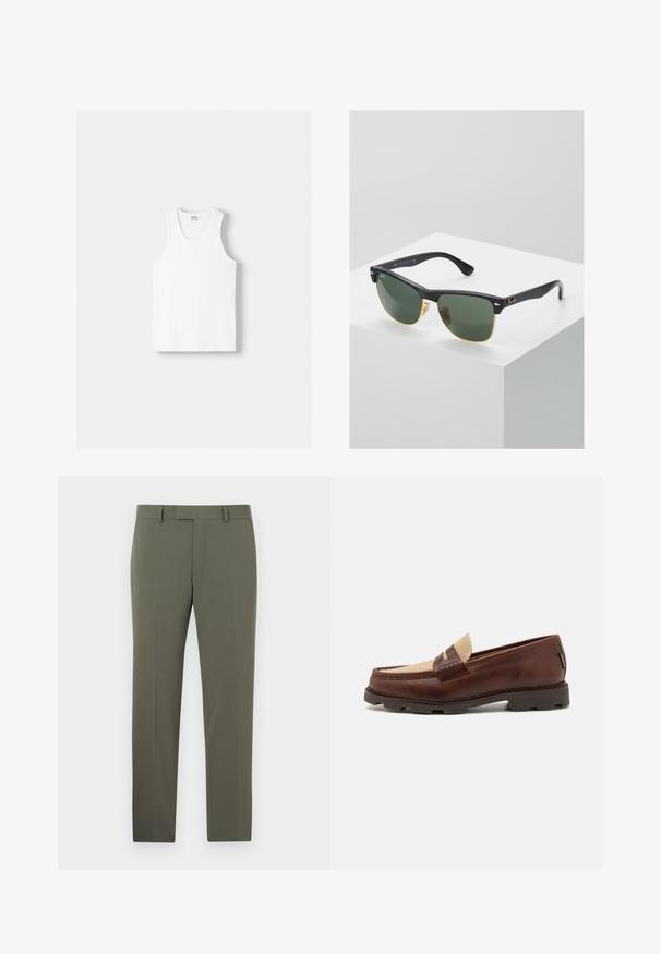 Fehér pamut ujjatlan felső kerek nyakkivágással, széles vállpántokkal és egyenes szegéllyel, sima textúrával, látható minták nélkül.; Slim fit, olíva zöld nadrág, sima anyagból készült, lapos elejű, övhurkokkal és oldalsó zsebekkel. Szabott kialakítás és letisztult vonalak.; Barna bőr loafer cipők taupe vászon díszítéssel, varrott részletekkel és texturált gumi talppal, amely a kényelemről és tartósságról gondoskodik.; Ray-Ban napszemüveg zöld lencsékkel, fekete műanyag kerettel és arany díszítéssel a széleken. Négyzet alakú, matt felülettel.
