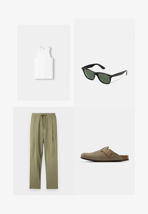 Débardeur en coton blanc avec un col rond, de larges bretelles et un ourlet droit, présentant une texture lisse et sans motifs visibles.; Pantalons vert olive avec une taille élastique et un cordon de serrage. Présente une texture lisse et un design plissé pour une coupe décontractée.; Sabots bruns avec une finition lisse et mate. Présente une boucle en bronze proéminente sur le côté. Semelle intérieure en liège et semelle extérieure en caoutchouc pour le confort.; Lunettes de soleil en plastique noir avec verres verts, monture carrée, accent argenté sur le sourcil et branches texturées. Marque indiquée sur l'intérieur de la branche.