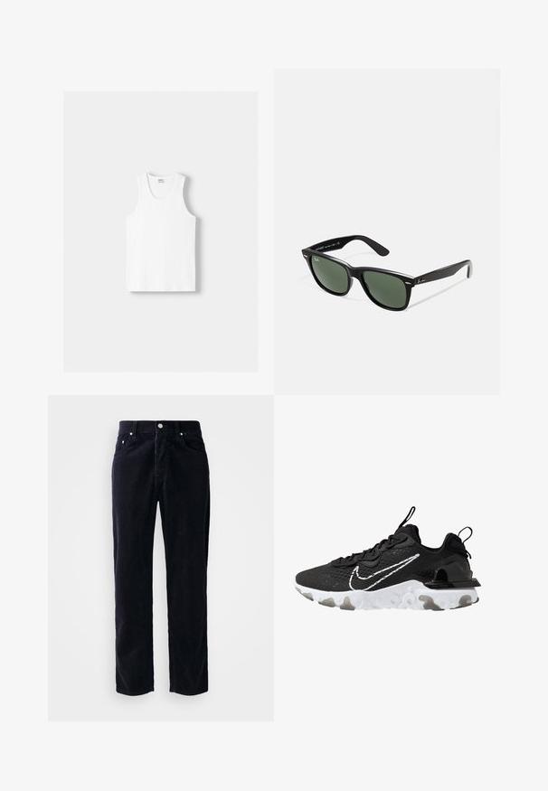 Hvid bomulds tanktop med rund halsudskæring, brede skulderstropper og lige kant, der har en glat tekstur og uden synlige mønstre.; Marineblå kordfløjspants med lige skæring, fem lommer og knaplukning. Har lodret ribbet tekstur og metal hardware detaljer.; Sort atletik sko med en struktureret stofoverdel, hvid Nike swoosh og tyk hvid sål. Har en pull tab på hælen for nem påføring.; Sorte plastiksolkaber med grønne linser, firkantede stel, sølvaccent på brynene og teksturerede templede arme. Angivet mærke på den indre arm.