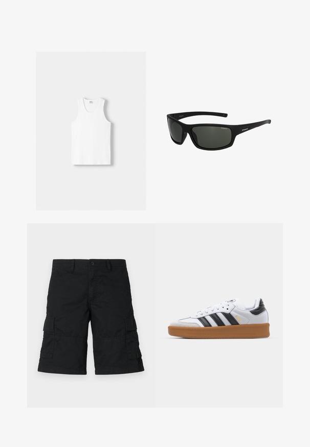 White cotton tank top with a round neckline, wide shoulder straps, and a straight hem, featuring a smooth texture and no visible patterns.; Black cargo shorts made of lightweight fabric; features two side pockets and two flap pockets; straight-cut design with a loose fit.; White sneakers with black stripes, suede toe cap, and gum sole. Features lace-up design and branding on the tongue and side.; Polaroid Sunglasses - black
