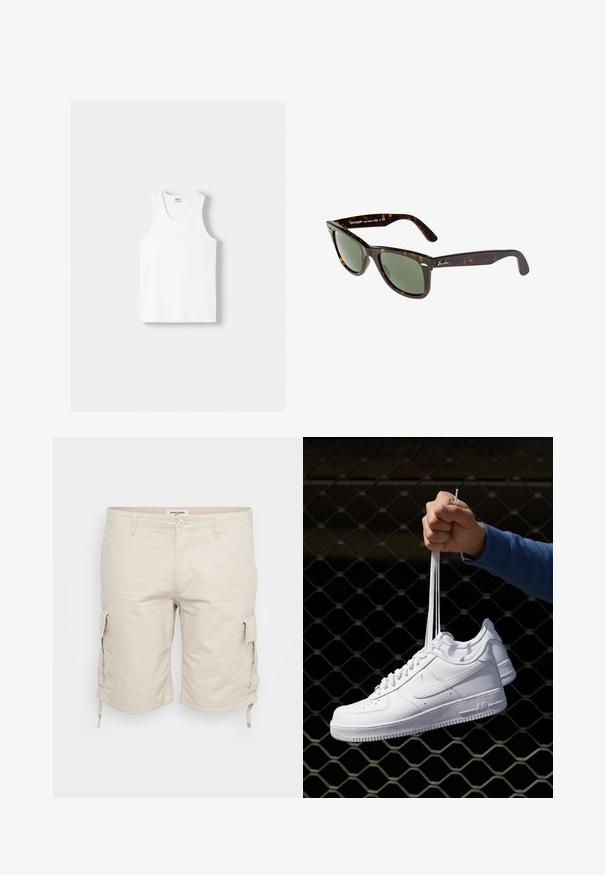 Fehér pamut ujjatlan felső kerek nyakkivágással, széles vállpántokkal és egyenes szegéllyel, sima textúrával, látható minták nélkül.; Beige cargo sortok, könnyű anyagból készült, oldalsó zsebekkel, állítható zsinórral az alján és klasszikus öt zsebes dizájnnal.; Fehér bőr sportcipők perforációval, kerek orral, lapos talppal és vastag fűzőkkel, látható swoosh logóval és "AIR" felirattal a sarokrészen.; Wayfarer napszemüveg sötét teknősbéka műanyag kerettel, zöld lencsékkel, és ezüst Ray-Ban logóval a szárán.