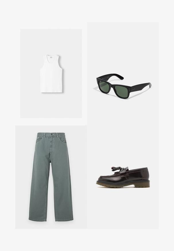 Fehér pamut ujjatlan felső kerek nyakkivágással, széles vállpántokkal és egyenes szegéllyel, sima textúrával, látható minták nélkül.; Széles szárú nadrág, tompa zöld pamutból, klasszikus derékrésszel, övbújtatókkal, elülső zsebekkel és kontrasztos varrási részletekkel.; Barna bőr loaferek szőtt mintával, bojt részlettel és lapos gumitalppal. Simára polírozott felülettel és kontrasztos varrással rendelkezik.; Fekete téglalap alakú napszemüveg zöld lencsékkel, matt felülettel, diszkrét fém részletekkel és dombornyomott logóval a halántékon.; Olíva zöld vászontáska dupla fogantyúval és állítható vállpánttal. Fő cipzáros rekesszel és elülső cipzáros zsebbel rendelkezik.