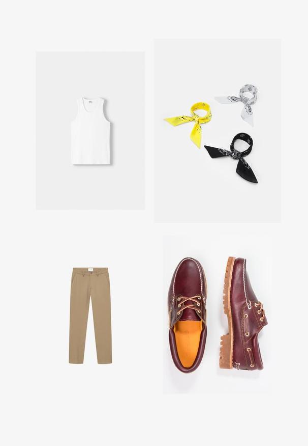 Bela bombažna majica brez rokavov z okroglo izrezom, širokimi naramnicami in ravnim robom, ki se ponaša z gladko teksturo in brez vidnih vzorcev.; Bež hlače z gladko teksturo, ravnim krojem, sprednjimi žepi in gumbom za zapiranje. Oznaka vidna na pasu.; Burgundske usnjene čevlje z rjavimi gumijastimi podplati, okrogla kapica, beli šivi in zlate luknje za vezalke. Notranjost je obložena s rumeno podlogo.; Tri bandane: ena rumena z črnimi vzorci, ena bela s črnimi motivi in ena črna z belimi grafičnimi elementi. Vse so kvadratne, iz lahkega blaga.