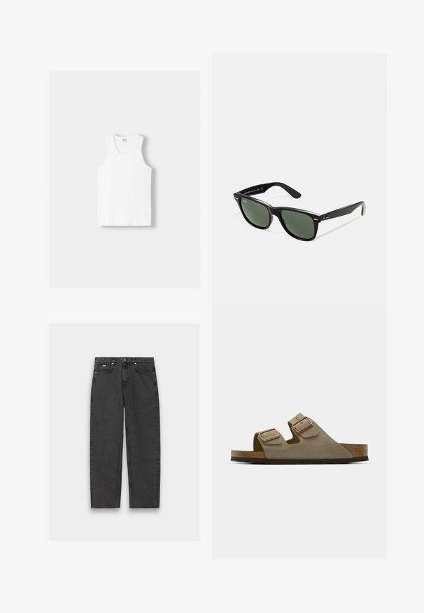 Top din bumbac alb, cu decolteu rotund, bretele late și margine dreaptă, având o textură fină și fără modele vizibile.; Jeans negri, drepti, cu cinci buzunare, închidere cu buton și cusături vizibile, așezați pe un fundal neutru.; Sandal din suede taupe deschis, cu două curele ajustabile și accesorii din aur rose. Tălpi din plută pe o talpă texturată de culoare brună. Design cu vârf deschis.; Ochelari de soare din plastic negru cu lentile verzi, rame pătrate, accent argintiu pe sprânceană și brațe texturate. Marca este menționată pe brațul interior.