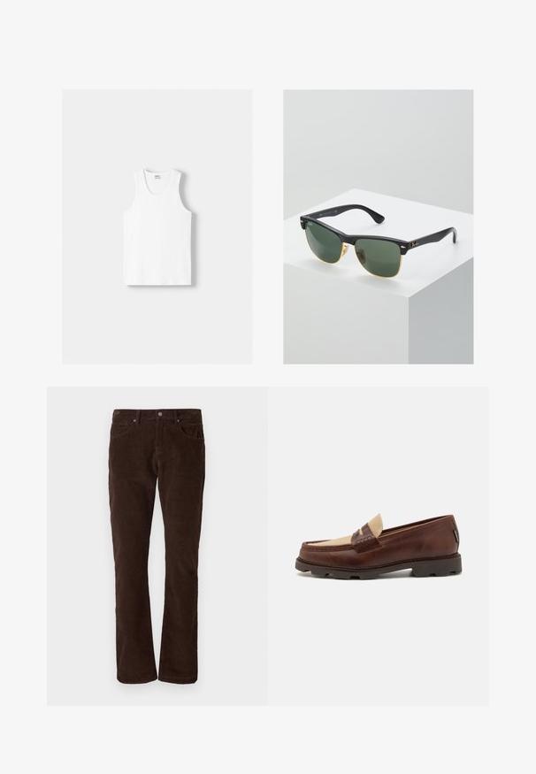 Biely bavlnený tielko s okrúhlym výstrihom, širokými ramennými popruhmi a rovnom spodným lemom, ktoré má hladkú textúru a žiadne viditeľné vzory.; Hnedé kordové nohavice so rovný strihom, obsahujúce päť vreciek, zapínanie na gombík a vertikálne pruhy v textúre látky.; Hnedé kožené loafers so taupe plátnovým akcentom, prešívaním a textúrovanou gumovou podrážkou navrhnutou pre pohodlie a trvácnosť.; Slnečné okuliare Ray-Ban so zelenými sklami, čiernymi plastovými rámami a zlatými akcentami na okrajoch. Štvorcový tvar s matným povrchom.