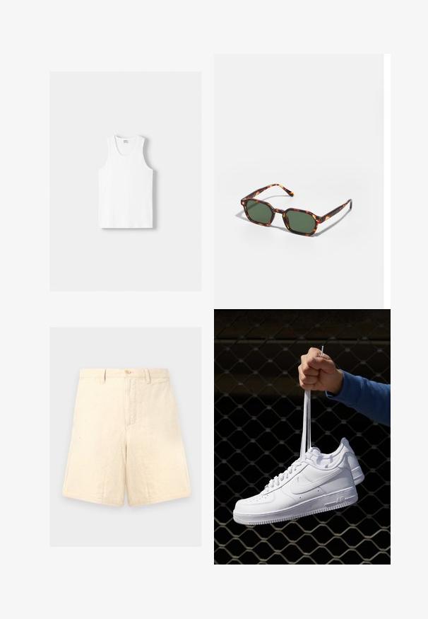 Top din bumbac alb, cu decolteu rotund, bretele late și margine dreaptă, având o textură fină și fără modele vizibile.; Shorts bej din in cu un croi ajustat, având o închidere frontală cu buton, două buzunare laterale și o textură subtilă.; Adidași albaștri din piele cu perforații, vârf rotund, talpă plată și șireturi groase, cu un logo swoosh vizibil și cu inscripția "AIR" pe toc.; Ochelari de soare cu montură broască țestoasă și lentile verzi, având o formă octogonală și brațe subțiri, curbate. Materialul are o finisare lucioasă.