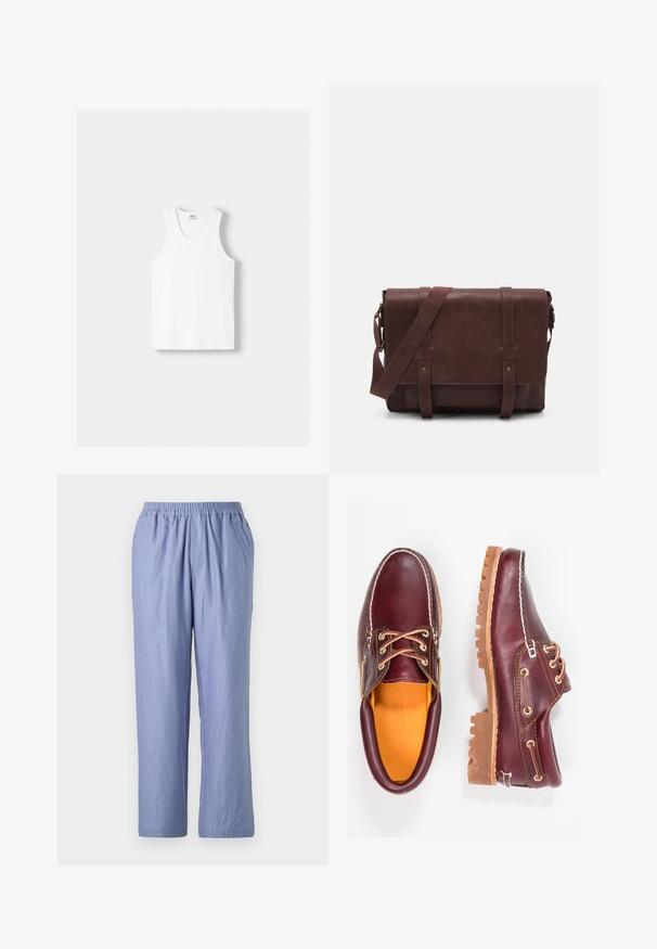 Weißes Baumwoll-Trägershirt mit Rundhalsausschnitt, breiten Trägern und geradem Saum, das eine glatte Textur aufweist und keine sichtbaren Muster hat.; Hellblaue, locker sitzende Hose mit elastischem Bund, zwei Seitentaschen und geraden Beinen. Hergestellt aus weichem Material mit glatter Textur.; Bordeauxfarbene Lederschuhe mit braunen Gummisohlen, runder Zehenform, weißen Nähten und goldenen Ösen. Das Innenfutter weist eine gelbe Beschichtung auf.; Braune Leder-Umhängetasche mit einer flachen Vorderklappe, zwei Riemen, goldenen Hardware-Akzenten und einem verstellbaren Schultergurt.