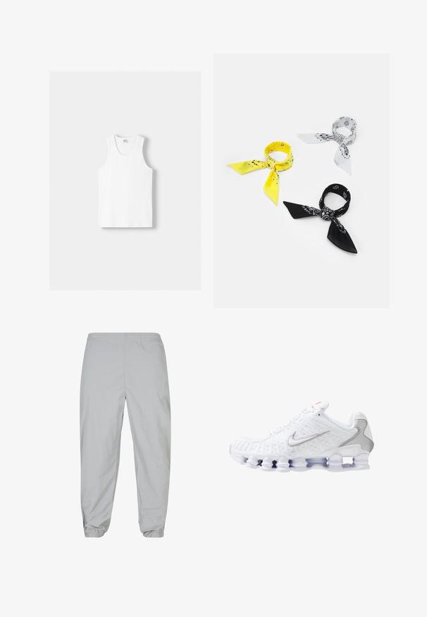 Witte katoenen tanktop met een ronde halslijn, brede schouderbanden en een rechte zoom, met een gladde textuur en zonder zichtbare patronen.; Lichtgrijze joggerbroek van lichtgewicht stof. Elastische tailleband en cuffed hem met ritsaccenten bij de enkels. Gladde textuur.; Witte sportieve schoen met een gestructureerde mesh bovenkant, zilveren Nike-logo, gevoerde kraag en unieke doorzichtige plastic zool met veren.; Drie bandana's: één geel met zwarte patronen, één wit met zwarte ontwerpen en één zwart met witte afbeeldingen. Alle zijn vierkant en gemaakt van lichtgewicht stof.