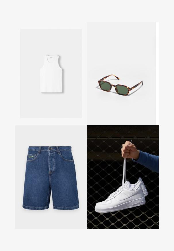 Valkoinen puuvillainen hihaton paita, jossa on pyöreä kaula-aukko, leveät olkaimet ja suora helma. Paidan tekstuuri on sileä, eikä siinä ole näkyviä kuvioita.; Tummansiniset farkkuhousut, joissa on klassinen leikkaus, etutaskut, vyölenkit ja näkyvä brändilappu vasemmassa taskussa.; Valkoiset nahkasneakersit, joissa on rei'ityksiä, pyöreä kärki, tasapohja ja paksut nauhat, joissa on näkyvä swoosh-logo ja "AIR" kantapäässä.; Kilpikonnakuosiset aurinkolasit vihreillä linsseillä, joissa on oktaalinen muoto ja kapeat, kaarevat varret. Materiaalissa on kiiltävä pinta.