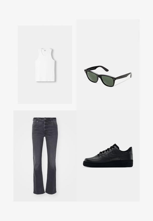 Biely bavlnený tielko s okrúhlym výstrihom, širokými ramennými popruhmi a rovnom spodným lemom, ktoré má hladkú textúru a žiadne viditeľné vzory.; Tmavošedé rozšírené džínsy vyrobené z denimu, s klasickým dizajnom piatich vreciek, pútkami na opasok a skrytým zipsom s uzatváraním na gombík.; Čierne tenisky Nike Air Force 1 s hladkým koženým zvrškom, perforovanou špičkou pre priedušnosť, čiernymi šnúrkami a textúrovanou gumovou podrážkou.; Čierne plastové slnečné okuliare so zelenými šošovkami, štvorcové rámy, strieborný akcent na obočí a textúrované ramenné opierky. Brand uvedený na vnútornej strane ramien.; Tri zástery: jedna žltá s čiernymi vzormi, jedna biela s čiernymi dizajnmi a jedna čierna s bielou grafikou. Všetky sú štvorcové, z ľahkej látky.
