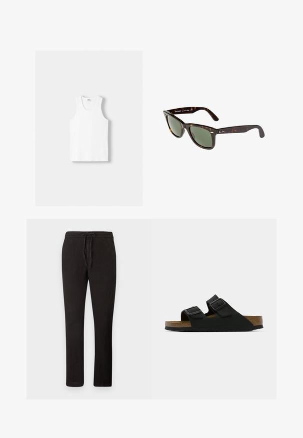 Fehér pamut ujjatlan felső kerek nyakkivágással, széles vállpántokkal és egyenes szegéllyel, sima textúrával, látható minták nélkül.; Fekete vászon nadrág húzózsinórral, egyenes szabással, struktúrált anyagból és minimalista dizájnnal. Hétköznapi viseletre alkalmas.; Fekete szandál, két állítható csattal, parafa talpbéléssel és struktúrált, gumitalppal. Minimalista dizájn és nyitott orr stílus jellemzi.; Wayfarer napszemüveg sötét teknősbéka műanyag kerettel, zöld lencsékkel, és ezüst Ray-Ban logóval a szárán.
