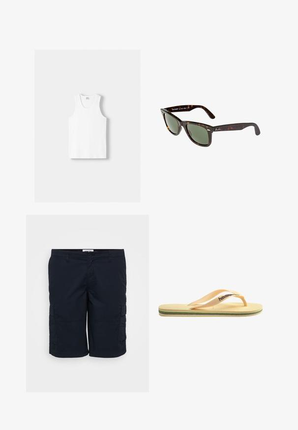 Bílý bavlněný top na ramínka s kulatým výstřihem, širokými ramínky a rovním lemem, s hladkou texturou a bez viditelných vzorů.; Námořnické cargo šortky vyrobené z lehkého materiálu, s dvěma bočními kapsami, poutky na opasek a rovnými nohavicemi. Jednoduchý design s minimálním šitím.; Žluté gumové žabky s texturovanou stélkou, tenkými popruhy a mnohobarevnými pruhy podél podrážky. Logo značky na popruhu.; Sluneční brýle Wayfarer s tmavým želvovinovým plastovým rámem, zelenými skly a stříbrným logem Ray-Ban na straně.