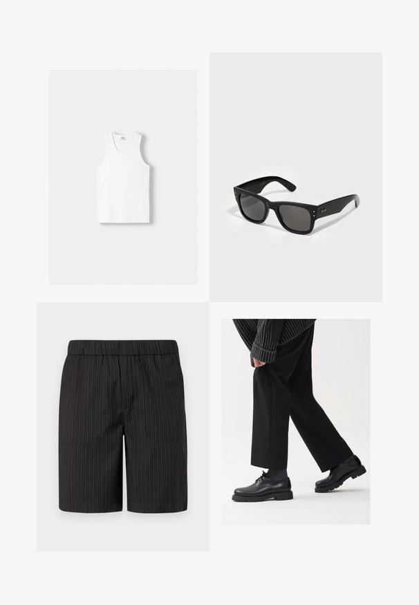 Weißes Baumwoll-Trägershirt mit Rundhalsausschnitt, breiten Trägern und geradem Saum, das eine glatte Textur aufweist und keine sichtbaren Muster hat.; Schwarze Shorts mit dezenten vertikalen weißen Streifen, elastischem Bund und zwei Seitentaschen, aus leichtem, strukturiertem Stoff gefertigt.; Schwarze Lederschuhe mit einer runden Spitze, Schnürdesign und dicker, strukturierter Sohle. Getragen mit maßgeschneiderten schwarzen Hosen und einem gerippten Pullover.; Schwarze Sonnenbrille mit quadratischem Rahmen, ausgestattet mit dunklen Gläsern. Akzentuiert mit kleinen goldfarbenen Punkten und einem goldenen Logo an den Bügeln. Weiße Oberfläche.