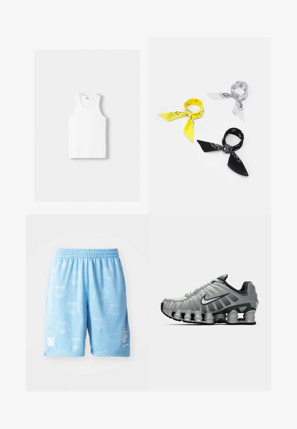 Hvid bomulds tanktop med rund halsudskæring, brede skulderstropper og lige kant, der har en glat tekstur og uden synlige mønstre.; Lysblå atletikshorts lavet af glat stof, med et subtilt mønster, en elastisk talje og trykte logo detaljer på det ene ben.; Grå og sort Nike løbesko med synlig fjederlignende dæmpning under sålen og et hvidt swoosh-logo på siden.; Tre bandanas: en gul med sorte mønstre, en hvid med sorte design og en sort med hvide grafikker. Alle er firkantede og lavet af lette stoffer.