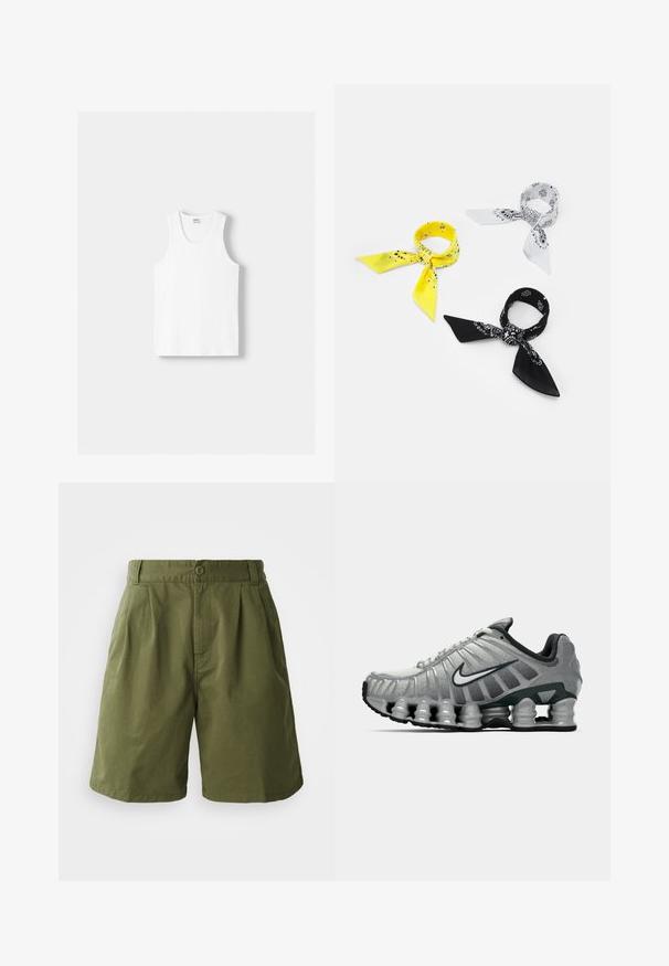 Vit bomullstopp med rund halsringning, breda axelremmar och rak nederkant, med en slät textur och utan synliga mönster.; Olivgröna shorts i lättviktsmaterial, med plisserad front, knappstängning och sidofickor, i rak skärning. ; Grå och svart Nike löparskor med synlig fjädrande dämpning under sulan och en vit swoosh-logotyp på sidan.; Tre bandanas: en gul med svarta mönster, en vit med svarta design och en svart med vita grafik. Alla är fyrkantiga och tillverkade av lätt tyg.