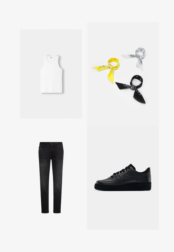 Witte katoenen tanktop met een ronde halslijn, brede schouderbanden en een rechte zoom, met een gladde textuur en zonder zichtbare patronen.; Zwarte denim jeans met een slim fit, met een knoopsluiting, vijf-pocket ontwerp en subtiele vervaging voor textuur. Glad materiaal zonder versieringen.; Zwarte Nike Air Force 1 sneaker met een gladde leren bovenkant, geperforeerde neus voor ademend vermogen, zwarte veters en een getextureerde rubberen zool.; Drie bandana's: één geel met zwarte patronen, één wit met zwarte ontwerpen en één zwart met witte afbeeldingen. Alle zijn vierkant en gemaakt van lichtgewicht stof.