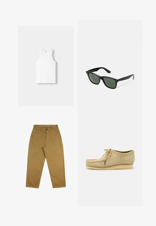 Bela bombažna majica brez rokavov z okroglo izrezom, širokimi naramnicami in ravnim robom, ki se ponaša z gladko teksturo in brez vidnih vzorcev.; Rumene široke hlače, izdelane iz trpežnega bombaža. Imajo gumb za zapiranje, pet žepov in etiketo na pasu s tiskanjem.; Bež antilop čevlj za vezivanje, z vmesnimi šivi in gumijastim podplatom. Oblika je sproščena z rahlo višanjem pete.; Črne plastične sončna očala z zelenimi lečami, kvadratni okvirji, srebrni detajl na obrvi in teksturirani ročaji. Blagovna znamka navedena na notranji strani ročaja.
