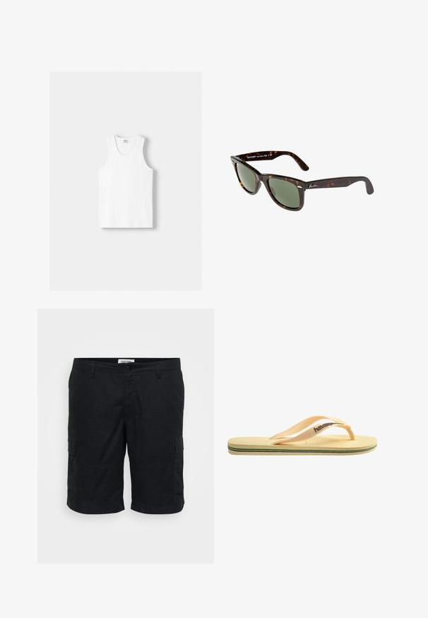 Valkoinen puuvillainen hihaton paita, jossa on pyöreä kaula-aukko, leveät olkaimet ja suora helma. Paidan tekstuuri on sileä, eikä siinä ole näkyviä kuvioita.; Musta cargo shorts, valmistettu puuvillasta. Ominaisuuksiin kuuluu kaksi sivutaskua, rento istuvuus sekä litteä etuosa, jossa on nappikiinnitys.; Keltainen kuminen flip-flop, jossa on teksturoitu pohja, ohuet hihnat ja moniväriset raidat pohjassa. Brändilogo hihnassa.; Wayfarer-aurinkolasit, joissa on tumman kilpikonnakuoren muovireunus, vihreät linssit ja hopeinen Ray-Ban-logo tempuressä.