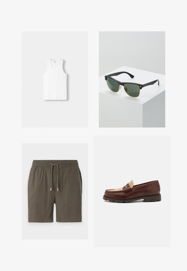 Top din bumbac alb, cu decolteu rotund, bretele late și margine dreaptă, având o textură fină și fără modele vizibile.; Pantaloni scurți de un verde închis, cu talie elastică, închidere cu șnur și o textură netedă, ușoară. Fără buzunare vizibile sau modele.; Loaferi din piele maro cu un accent din pânză taupe, detalii cusute și o talpă din cauciuc texturat, proiectați pentru confort și durabilitate.; Ochelari de soare Ray-Ban cu lentile verzi, rame din plastic negru și accente aurii pe margini. Formă pătrată cu un finisaj mat.