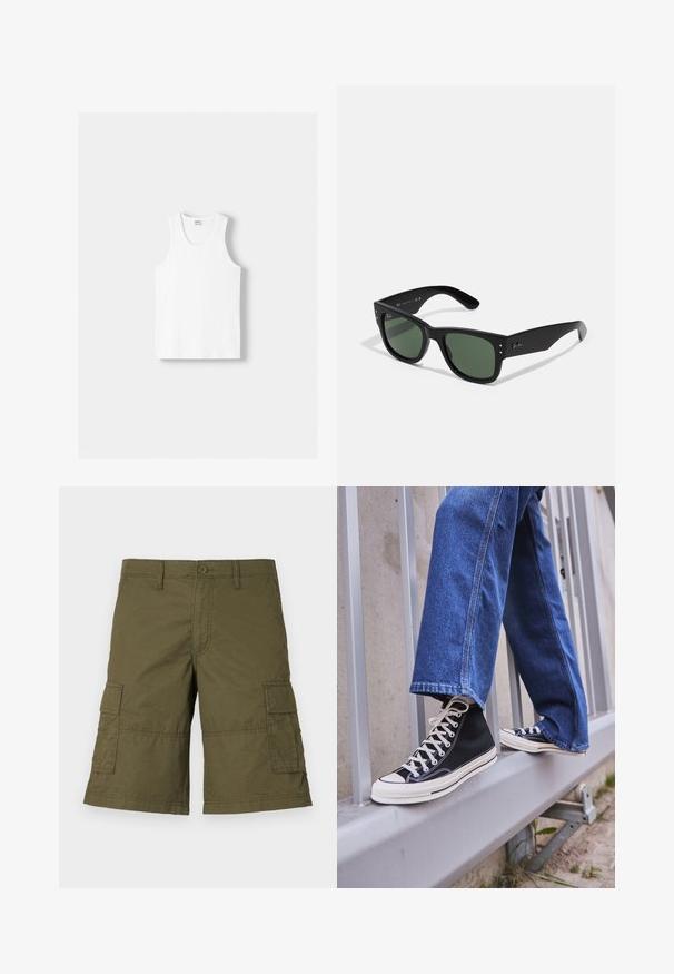 Witte katoenen tanktop met een ronde halslijn, brede schouderbanden en een rechte zoom, met een gladde textuur en zonder zichtbare patronen.; Olijfgroene cargoshorts met knoopsluiting, meerdere zijzakken en gestikte details. Gemaakt van duurzame stof met een relaxte pasvorm.; Zwarte hoge sneakers met witte zool en veters, gecombineerd met losse blauwe denim jeans, rustend op een grijze leuning.; Zwarte rechthoekige zonnebril met groene lenzen, matte afwerking, subtiele hardwareaccenten en een gegraveerd logo op de slaap.