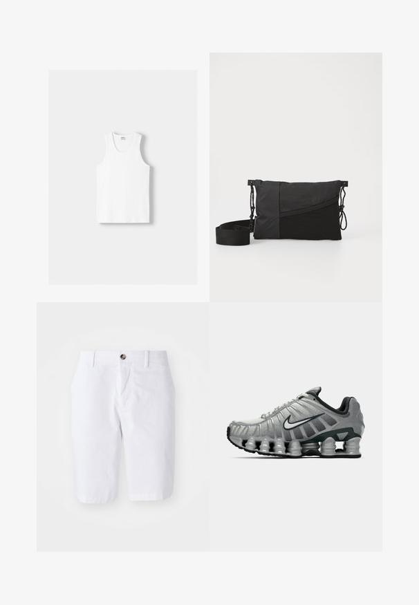 Fehér pamut ujjatlan felső kerek nyakkivágással, széles vállpántokkal és egyenes szegéllyel, sima textúrával, látható minták nélkül.; Fehér pamut rövidnadrág egyenes szabással, két elülső zsebbel és egy gombos záródással a deréknál. Simaszerkezetű, térd alá érő dizájn.; Szürke és fekete Nike futócipő, látható rugós párnázással a talp alatt és fehér swoosh logóval az oldalon.; Fekete válltáska texturált anyagból, átlós mintával, állítható pánttal és oldalsó zsinórzárakkal.