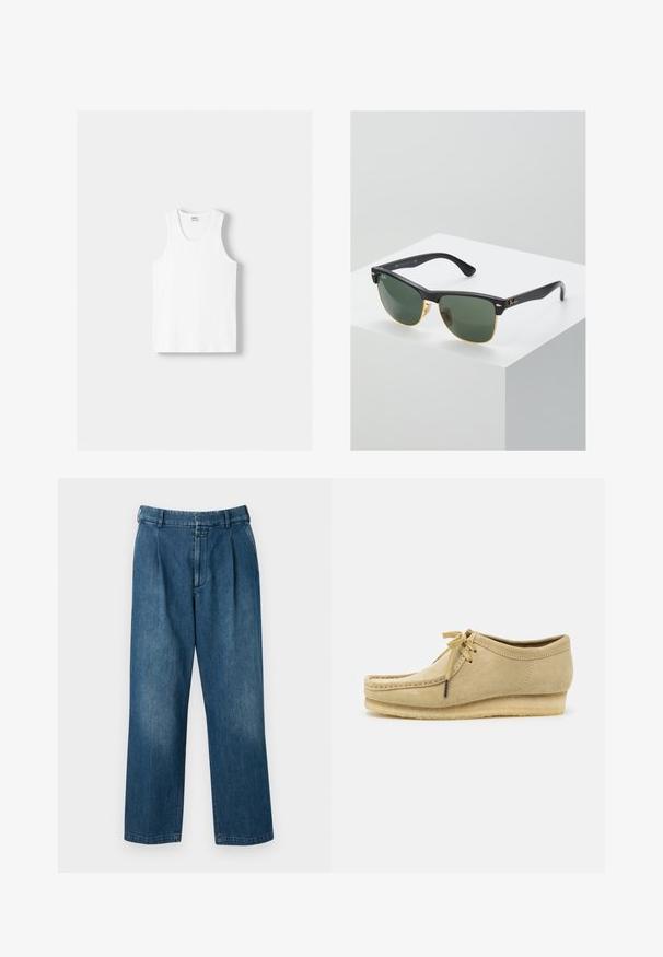 Valkoinen puuvillainen hihaton paita, jossa on pyöreä kaula-aukko, leveät olkaimet ja suora helma. Paidan tekstuuri on sileä, eikä siinä ole näkyviä kuvioita.; Siniset farkut suoranlahkeisella muotoilulla, joissa on korkea vyötärö, etupleatit ja perinteinen nappikiinnitys. Sileä tekstuuri.; Vaaleanbeige mokkasiinikenkä, jossa on nauhakiinnitys, ommeltu yksityiskohtia ja kumipohja. Muotoilu on rento, jossa on kevyt kiilakorko.; Ray-Ban aurinkolasit, joissa on vihreät linssit, mustat muovikehykset ja kultaiset yksityiskohdat reunoilla. Neliön muoto, jossa on mattapinta.