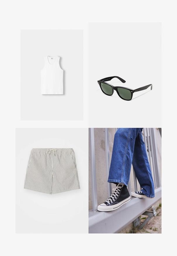 Bílý bavlněný top na ramínka s kulatým výstřihem, širokými ramínky a rovním lemem, s hladkou texturou a bez viditelných vzorů.; Pruhované plavky v světlé béžové a šedé barvě. Elastický pás s tkaničkou, dvě boční kapsy a délka do poloviny stehna.; Černé vysoké tenisky s bílou podrážkou a tkaničkami, v kombinaci s volnými modrými džíny, odpočívající na šedém zábradlí.; Černé plastové sluneční brýle se zelenými skly, čtvercové obroučky, stříbrný detail na obočí a texturované stranice. Značka uvedená na vnitřní straně stranic.; Stříbrné kovové náramkové hodinky se čtvercovým pouzdrem, bílým ciferníkem, římskými číslicemi a stříbrným náramkem z článků. Obsahují vodotěsný design.