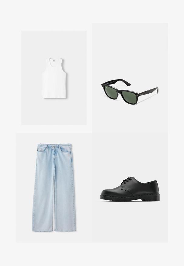 Valkoinen puuvillainen hihaton paita, jossa on pyöreä kaula-aukko, leveät olkaimet ja suora helma. Paidan tekstuuri on sileä, eikä siinä ole näkyviä kuvioita.; Vaaleansiniset leveät farkut, joissa on klassinen viisi taskua -muotoilu, normaali vyötärö ja viimeistelemätön helma. Pehmeä farkkukangas, jossa on hieman haalistumista.; Musta nahkainen oxford-kengät, joissa on nauhakiinnitys, pyöreä kärki, litteä kumipohja ja hillitty ompelutaito yläosassa.; Mustat muoviset aurinkolasit, joissa on vihreät linssit, neliönmuotoiset kehykset, hopeinen yksityiskohta kulmakarvojen kohdalla sekä tekstuuriset temppeleiden varret. Brändi ilmoitettu sisävarsissa.