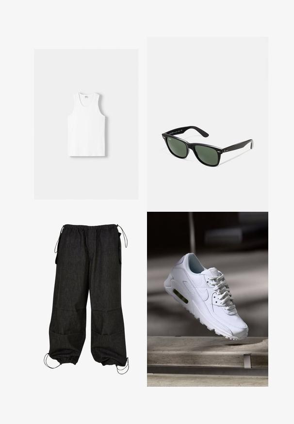 Bela bombažna majica brez rokavov z okroglo izrezom, širokimi naramnicami in ravnim robom, ki se ponaša z gladko teksturo in brez vidnih vzorcev.; Črne, udobne cargo hlače s sproščenim krojem, elastičnim pasom, stranskimi žepi in nastavljivim cinch robom. Narejene iz trpežnega denima.; Bela usnjena teniska obutev s teksturiranimi površinami, podloženim ovratnikom in vidnim zračnim blaženjem v podplatu. Vsebuje vezalke in minimalističen dizajn.; Črne plastične sončna očala z zelenimi lečami, kvadratni okvirji, srebrni detajl na obrvi in teksturirani ročaji. Blagovna znamka navedena na notranji strani ročaja.
