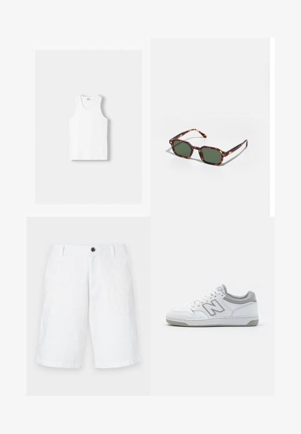 Biely bavlnený tielko s okrúhlym výstrihom, širokými ramennými popruhmi a rovnom spodným lemom, ktoré má hladkú textúru a žiadne viditeľné vzory.; Biele ľanové šortky s voľným strihom, s jedným gombíkom na zapínanie, pútkami na opasok a bočnými vreckami. Hladká textúra a rovný lem.; Biele kožené tenisky so šedými akcentmi, obsahujúce perforovaný špičkový box, ploché šnúrky a vzorovanú podrážku. Logo New Balance na boku.; Okuliarovité slnečné okuliare z korytnačiny s zelenými šošovkami, s osmiuholníkovým tvarom a tenkými, zakrivenými rámikmi. Materiál má lesklý povrch.