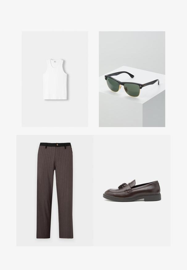 Fehér pamut ujjatlan felső kerek nyakkivágással, széles vállpántokkal és egyenes szegéllyel, sima textúrával, látható minták nélkül.; Sötétszürke nadrág függőleges fehér csíkokkal, fekete derékpánttal és gombos zárással. Egyenes lábú kivitel, sima textúra.; Barna bőr loaferek lekerekített orral, díszes bojt részlettel, varrott részletekkel és alacsony gumitalppal a még nagyobb kényelem érdekében.; Ray-Ban napszemüveg zöld lencsékkel, fekete műanyag kerettel és arany díszítéssel a széleken. Négyzet alakú, matt felülettel.