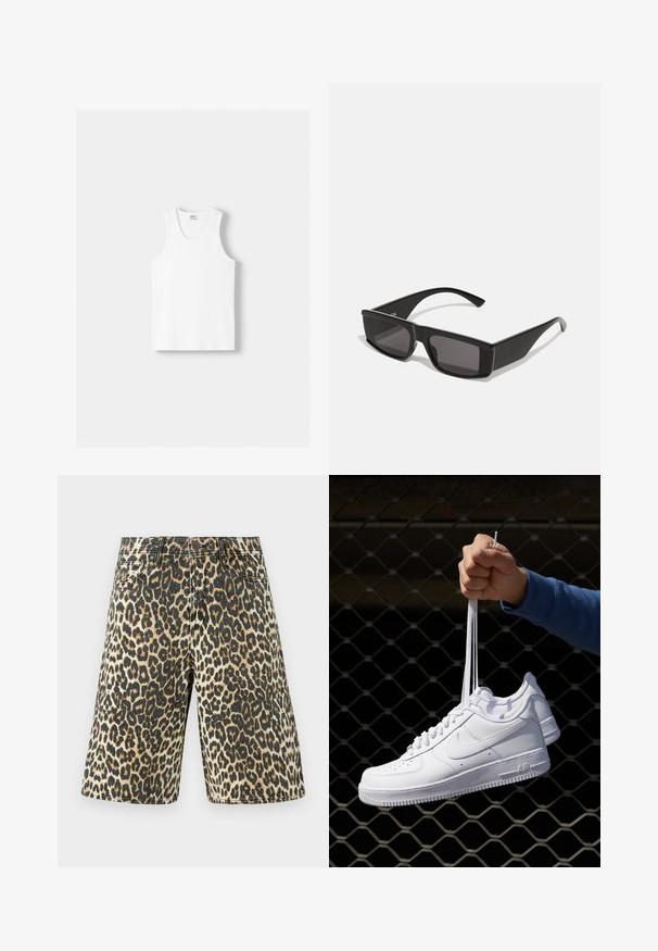 Biały bawełniany top na ramiączkach z okrągłym dekoltem, szerokimi ramiączkami i prostym dołem, charakteryzujący się gładką teksturą i brakiem widocznych wzorów.; Szorty dżinsowe w panterkę, w jasnobrązowy, czarny i beżowy wzór, z pięcioma kieszeniami i prostym krojem.; Białe skórzane sneakersy z perforacjami, okrągłym noskiem, płaską podeszwą i grubymi sznurówkami, z widocznym logo swoosh i napisem „AIR” na pięcie.; Czarne okulary przeciwsłoneczne z prostokątną oprawką i ciemnymi soczewkami. Wykonane z błyszczącego plastiku, z kanciastym wzornictwem i smukłymi zausznikami.