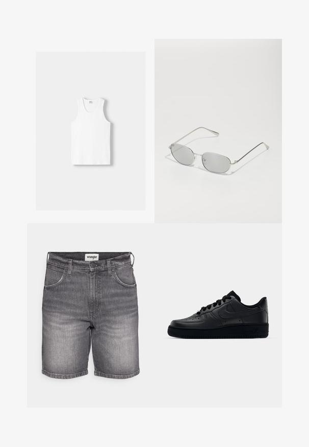 Valkoinen puuvillainen hihaton paita, jossa on pyöreä kaula-aukko, leveät olkaimet ja suora helma. Paidan tekstuuri on sileä, eikä siinä ole näkyviä kuvioita.; Harmaan farkkushortsit perinteisellä leikkauksella, jossa on hieman kulutusta, viisi taskua ja Wrangler-logo tikkauksen kohdalla.; Musta Nike Air Force 1 -lenkkari, jossa on sileä nahkapinta, rei'itetty varvasosa hengittävyyden parantamiseksi, mustat nauhat ja teksturoitu kumipohja.; Hopeiset metalliset aurinkolasit, joissa on soikeat harmaat linssit, kapeat sangan osat ja minimalistinen muotoilu. Linssit omaavat hienovaraisen heijastavan laadun.; Kolme bandanaa: yksi keltainen mustilla kuvioilla, yksi valkoinen mustilla kuvioilla ja yksi musta valkoisilla graafisilla kuvilla. Kaikki ovat neliöitä, kevyttä kangasta.