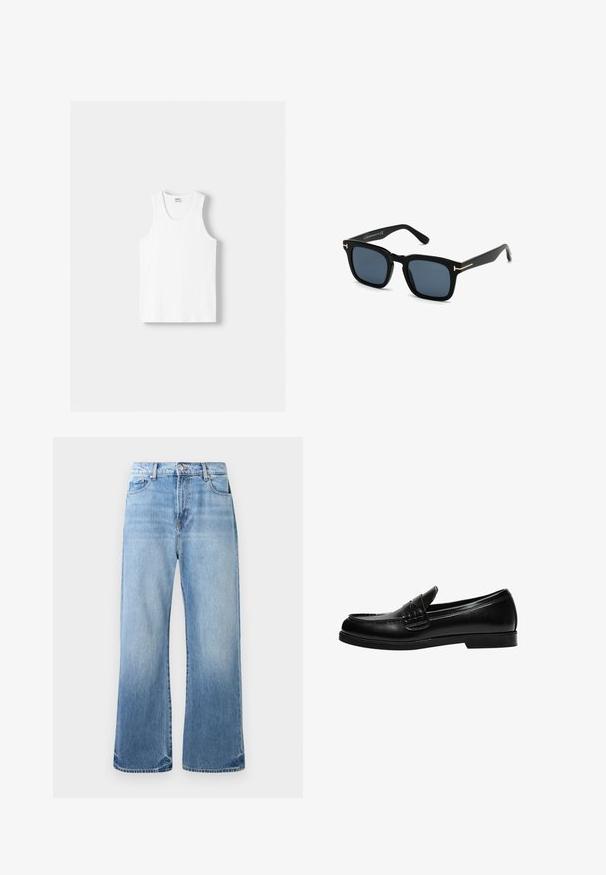White cotton tank top with a round neckline, wide shoulder straps, and a straight hem, featuring a smooth texture and no visible patterns.; Light blue denim jeans with a straight leg design, faded finish, five-pocket style, and contrast stitching. Distressed hem details.; Black leather loafer with a smooth finish, featuring a stitch detail on the vamp and a low, solid black rubber sole.; Black square sunglasses with dark lenses, matte finish, and gold metal accents on the temple, featuring a minimalist design.