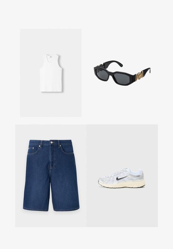 Bijeli pamučni majica bez rukava s okruglim izrezom, širokim naramenicama i ravnim rubom, s glatkom teksturom i bez vidljivih uzoraka.; Denim šorts kratke hlače u tamnoplavoj nijansi s klasičnim krojem, s dizajnom od pet džepova i kontrastnim šavovima.; Bijele mrežaste tenisice sa srebrnim detaljima, crnim Nike logom, podstavljenim ovratnikom i teksturiranom potplatom. Imaju složen dizajn za stabilnost.; Crne sunčane naočale s debelim geometrijskim okvirom, tamnim lećama i zlatnim metalnim detaljima na sljepoočnicama koji uključuju okrugli amblem.