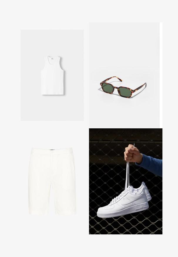 Fehér pamut ujjatlan felső kerek nyakkivágással, széles vállpántokkal és egyenes szegéllyel, sima textúrával, látható minták nélkül.; Fehér pamut rövidnadrág klasszikus dizájnnal, gombos záródással, övakasztókkal és egyenes lábakkal, amelyek a comb közepéig érnek.; Fehér bőr sportcipők perforációval, kerek orral, lapos talppal és vastag fűzőkkel, látható swoosh logóval és "AIR" felirattal a sarokrészen.; Tortoise mintás napszemüveg zöld lencsékkel, nyolcszögletű kialakítással és vékony, ívelt karokkal. Az anyag fényes felületű.
