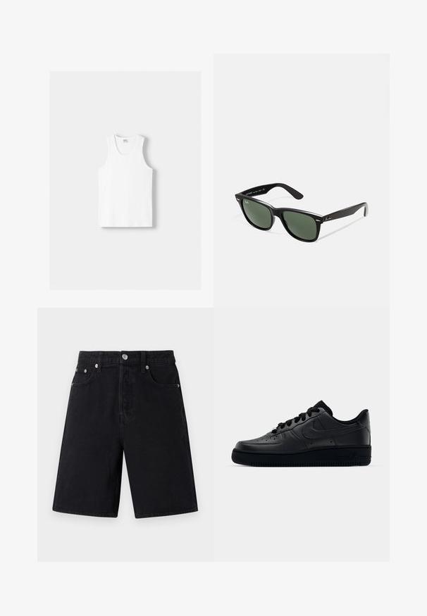 Valkoinen puuvillainen hihaton paita, jossa on pyöreä kaula-aukko, leveät olkaimet ja suora helma. Paidan tekstuuri on sileä, eikä siinä ole näkyviä kuvioita.; Mustat farkkushortsit suoran leikkauksen kanssa. Ominaisuuksiin kuuluu vetoketjukiinnitys, viisi taskua, hopeiset yksityiskohdat ja hienovarainen textured viimeistely.; Musta Nike Air Force 1 -lenkkari, jossa on sileä nahkapinta, rei'itetty varvasosa hengittävyyden parantamiseksi, mustat nauhat ja teksturoitu kumipohja.; Mustat muoviset aurinkolasit, joissa on vihreät linssit, neliönmuotoiset kehykset, hopeinen yksityiskohta kulmakarvojen kohdalla sekä tekstuuriset temppeleiden varret. Brändi ilmoitettu sisävarsissa.; Kolme bandanaa: yksi keltainen mustilla kuvioilla, yksi valkoinen mustilla kuvioilla ja yksi musta valkoisilla graafisilla kuvilla. Kaikki ovat neliöitä, kevyttä kangasta.